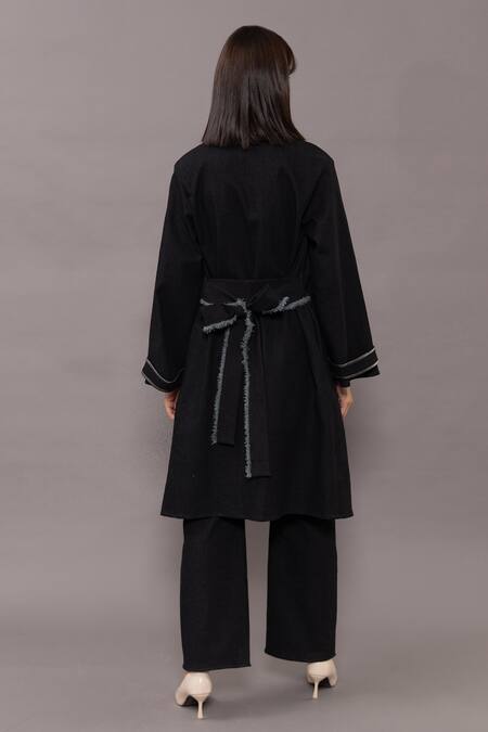 Shop_Kritika Madan Label_Black Denim Coat Notched Lapel Trench And Pant Set_at_Aza_Fashions