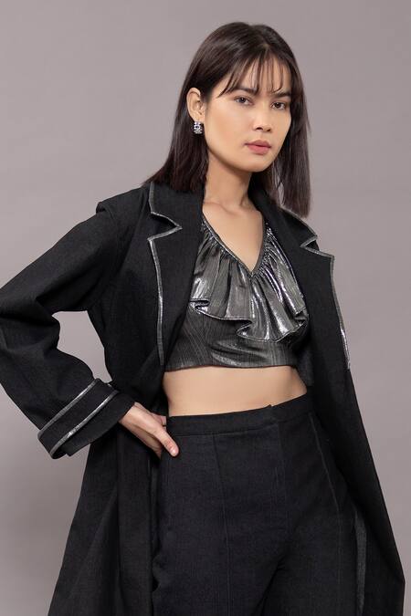 Kritika Madan Label_Black Denim Coat Notched Lapel Trench And Pant Set_Online_at_Aza_Fashions