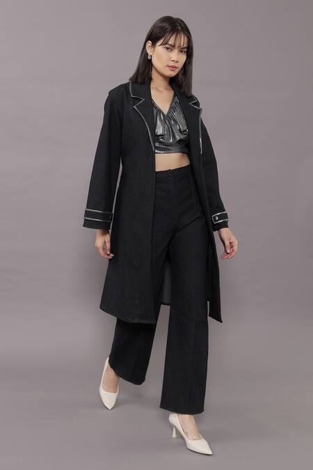 Buy_Kritika Madan Label_Black Denim Coat Notched Lapel Trench And Pant Set_Online_at_Aza_Fashions