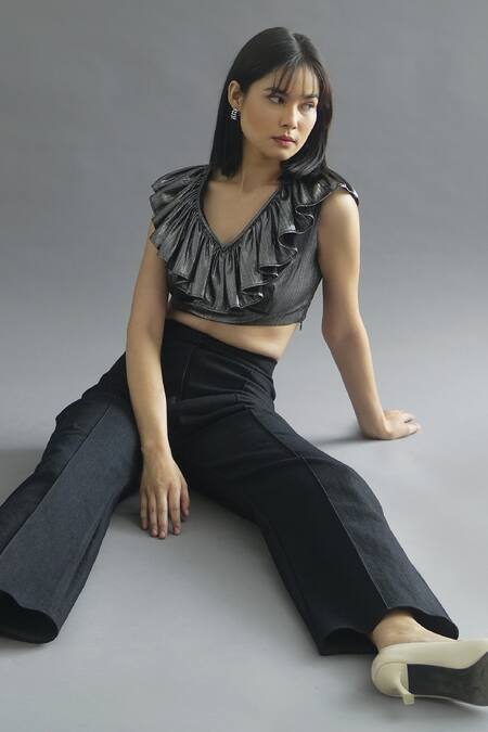 Shop Kritika Madan Label Black Denim Plain V Neck Metallic Ruffle Top And Pant Set at Aza Fashions Shop_Kritika Madan Label_Black Denim Plain V Neck Metallic Ruffle Top And Pant Set_at_Aza_Fashions