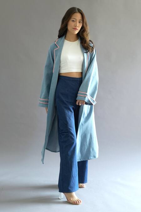 Kritika Madan Label_Blue Denim Plain Notched Lapel Contrast Border Trench Jacket_Online_at_Aza_Fashions
