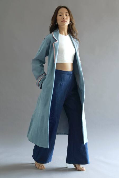 Buy_Kritika Madan Label_Blue Denim Plain Notched Lapel Contrast Border Trench Jacket_Online_at_Aza_Fashions