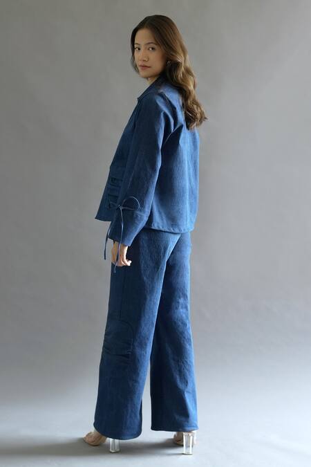Shop Kritika Madan Label Blue Turkey Crepe Plain Jacket Collar And Patch Pocket Pant Set at Aza Fashions Shop_Kritika Madan Label_Blue Turkey Crepe Plain Jacket Collar And Patch Pocket Pant Set_at_Aza_Fashions