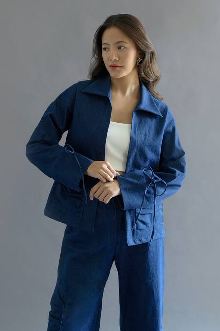 Kritika Madan Label Blue Turkey Crepe Plain Jacket Collar And Patch Pocket Pant Set Online at Aza Fashions Kritika Madan Label_Blue Turkey Crepe Plain Jacket Collar And Patch Pocket Pant Set_Online_at_Aza_Fashions