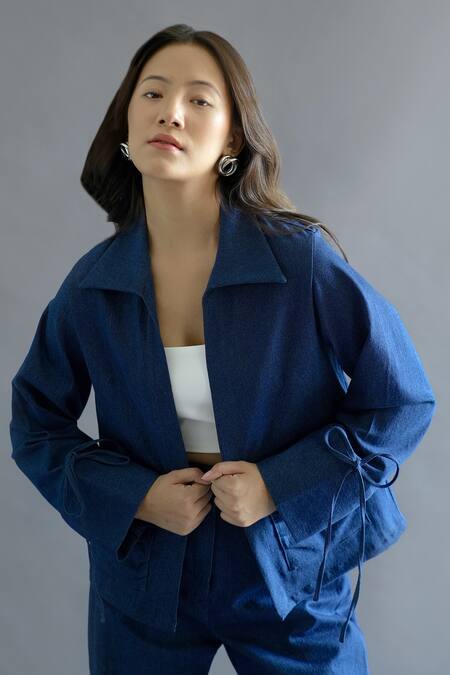 Buy Kritika Madan Label Blue Turkey Crepe Plain Jacket Collar And Patch Pocket Pant Set Online at Aza Fashions Buy_Kritika Madan Label_Blue Turkey Crepe Plain Jacket Collar And Patch Pocket Pant Set_Online_at_Aza_Fashions