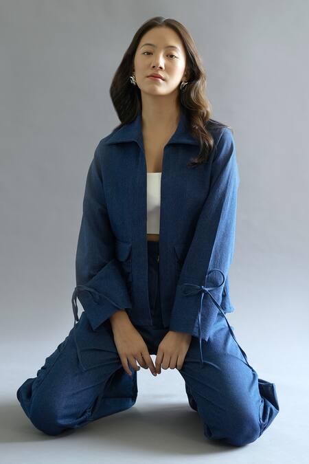 Shop Kritika Madan Label Blue Turkey Crepe Plain Jacket Collar And Patch Pocket Pant Set Online at Aza Fashions Shop_Kritika Madan Label_Blue Turkey Crepe Plain Jacket Collar And Patch Pocket Pant Set_Online_at_Aza_Fashions