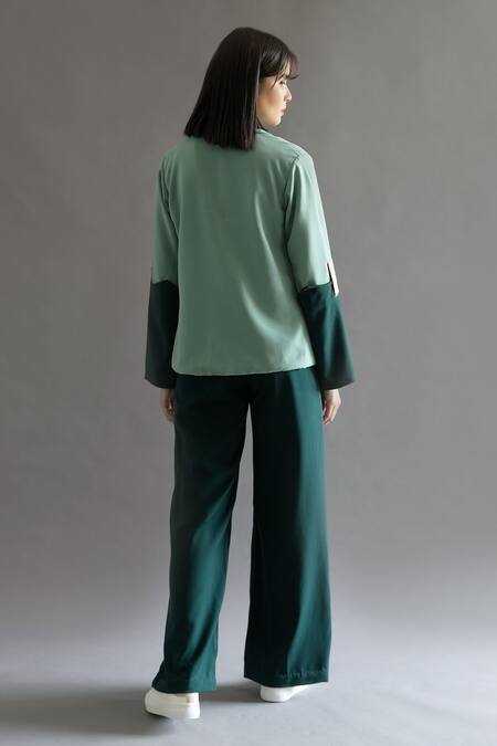 Shop Kritika Madan Label Green Turkey Crepe Plain Blazer Notched Lapel Color Block And Flared Pant Set at Aza Fashions Shop_Kritika Madan Label_Green Turkey Crepe Plain Blazer Notched Lapel Color Block And Flared Pant Set_at_Aza_Fashions