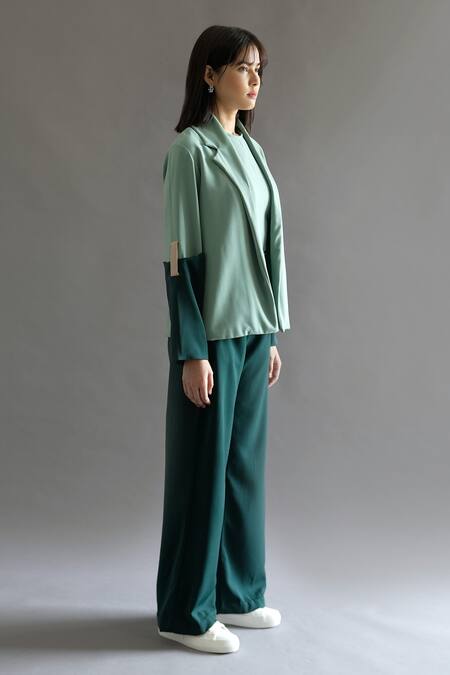 Kritika Madan Label Green Turkey Crepe Plain Blazer Notched Lapel Color Block And Flared Pant Set Online at Aza Fashions Kritika Madan Label_Green Turkey Crepe Plain Blazer Notched Lapel Color Block And Flared Pant Set_Online_at_Aza_Fashions