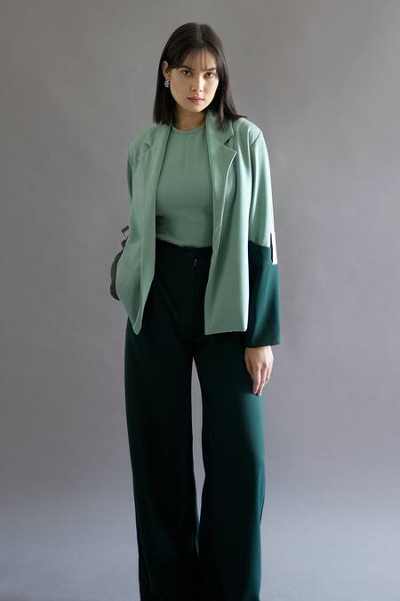 Buy Kritika Madan Label Green Turkey Crepe Plain Blazer Notched Lapel Color Block And Flared Pant Set Online at Aza Fashions Buy_Kritika Madan Label_Green Turkey Crepe Plain Blazer Notched Lapel Color Block And Flared Pant Set_Online_at_Aza_Fashions