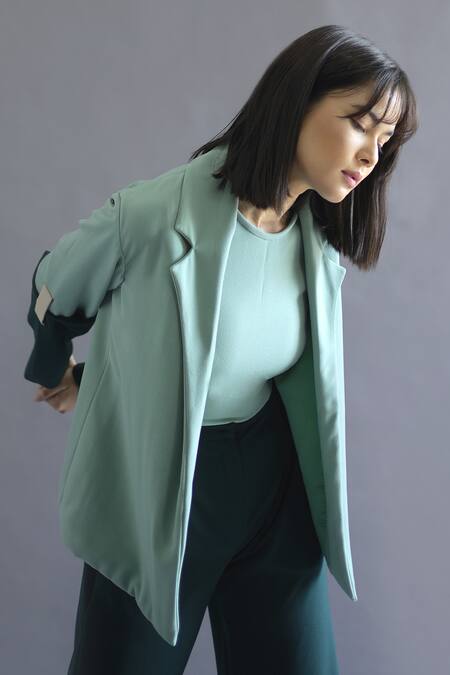 Shop Kritika Madan Label Green Turkey Crepe Plain Blazer Notched Lapel Color Block And Flared Pant Set Online at Aza Fashions Shop_Kritika Madan Label_Green Turkey Crepe Plain Blazer Notched Lapel Color Block And Flared Pant Set_Online_at_Aza_Fashions