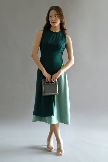 Buy Kritika Madan Label Green Turkey Crepe Plain Round Bodysuit And Dual Color Skirt Set Online at Aza Fashions Buy_Kritika Madan Label_Green Turkey Crepe Plain Round Bodysuit And Dual Color Skirt Set_Online_at_Aza_Fashions