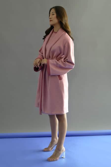 Kritika Madan Label Pink Suede Plain Coat Shawl Lapel With Short Dress Online at Aza Fashions Kritika Madan Label_Pink Suede Plain Coat Shawl Lapel With Short Dress_Online_at_Aza_Fashions