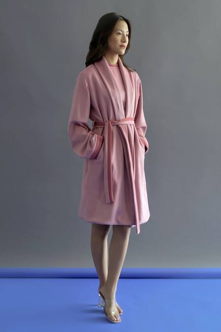 Shop Kritika Madan Label Pink Suede Plain Coat Shawl Lapel With Short Dress Online at Aza Fashions Shop_Kritika Madan Label_Pink Suede Plain Coat Shawl Lapel With Short Dress_Online_at_Aza_Fashions