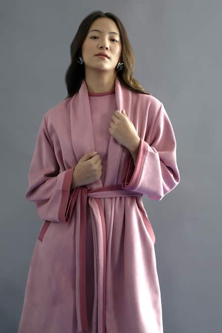 Kritika Madan Label Pink Suede Plain Coat Shawl Lapel With Short Dress at Aza Fashions Kritika Madan Label_Pink Suede Plain Coat Shawl Lapel With Short Dress_at_Aza_Fashions