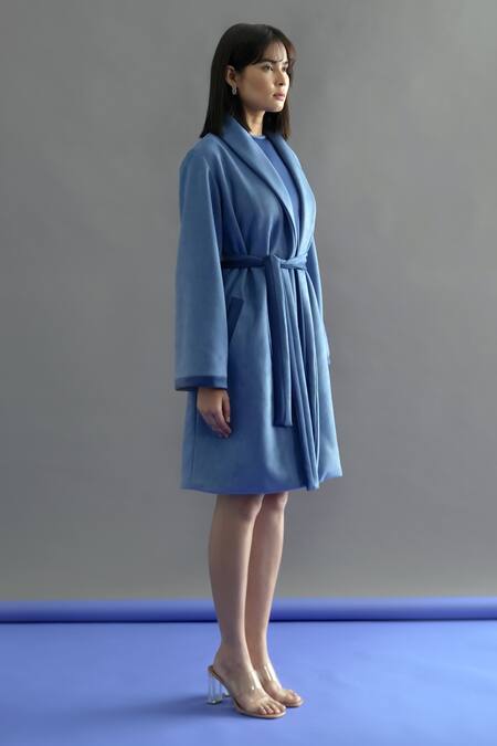 Kritika Madan Label Blue Suede Plain Coat Shawl Lapel And Short Dress Set Online at Aza Fashions Kritika Madan Label_Blue Suede Plain Coat Shawl Lapel And Short Dress Set_Online_at_Aza_Fashions