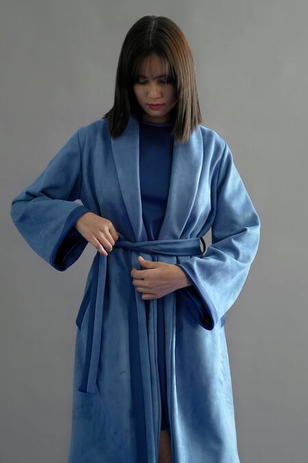 Buy Kritika Madan Label Blue Suede Plain Coat Shawl Lapel And Short Dress Set Online at Aza Fashions Buy_Kritika Madan Label_Blue Suede Plain Coat Shawl Lapel And Short Dress Set_Online_at_Aza_Fashions