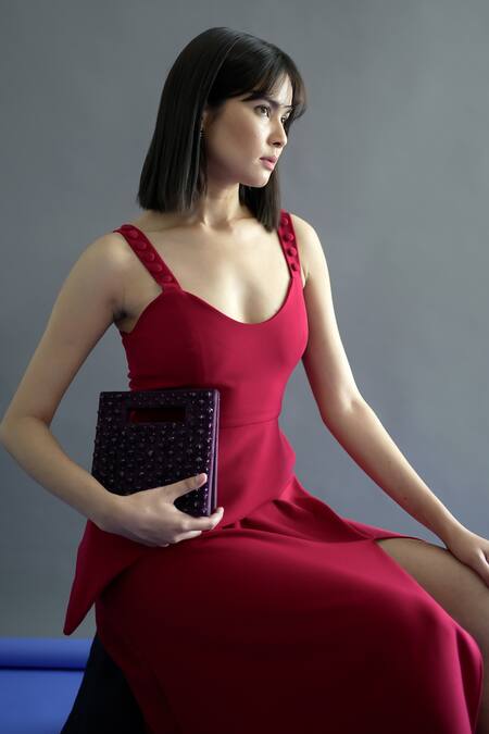 Buy Kritika Madan Label Red Turkey Crepe Plain Scoop Asymmetric Peplum Flap Slit Dress Online at Aza Fashions Buy_Kritika Madan Label_Red Turkey Crepe Plain Scoop Asymmetric Peplum Flap Slit Dress_Online_at_Aza_Fashions