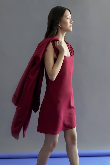 Kritika Madan Label_Red Scuba Plain Coat Lapel Cutwork Collar With Dress_Online_at_Aza_Fashions