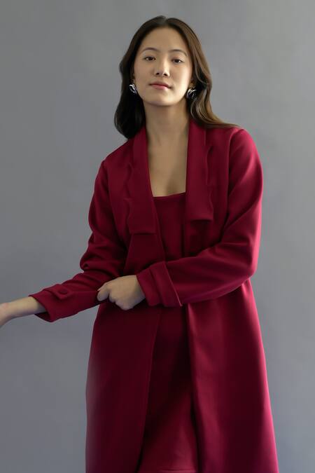 Buy_Kritika Madan Label_Red Scuba Plain Coat Lapel Cutwork Collar With Dress_Online_at_Aza_Fashions