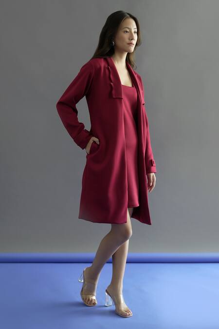 Shop_Kritika Madan Label_Red Scuba Plain Coat Lapel Cutwork Collar With Dress_Online_at_Aza_Fashions