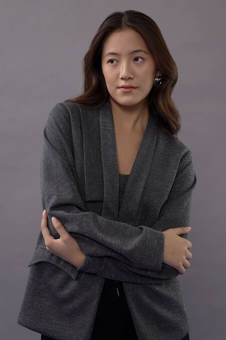 Kritika Madan Label_Grey Turkey Crepe Plain Blazer Lapel Metallic Oversized And Pant Set_Online_at_Aza_Fashions