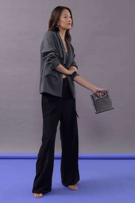 Buy_Kritika Madan Label_Grey Turkey Crepe Plain Blazer Lapel Metallic Oversized And Pant Set_Online_at_Aza_Fashions