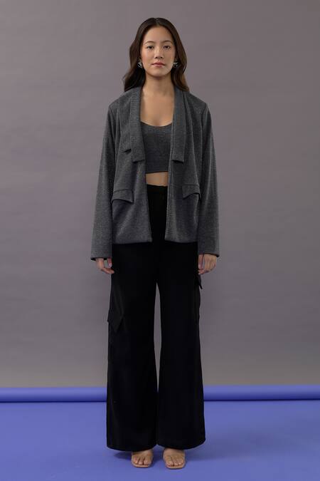 Shop_Kritika Madan Label_Grey Turkey Crepe Plain Blazer Lapel Metallic Oversized And Pant Set_Online_at_Aza_Fashions