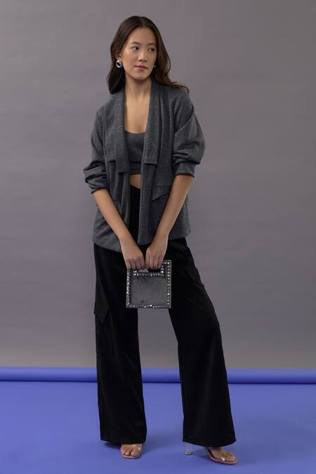 Kritika Madan Label_Grey Turkey Crepe Plain Blazer Lapel Metallic Oversized And Pant Set_at_Aza_Fashions