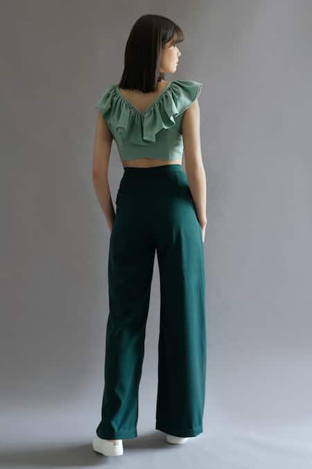 Shop Kritika Madan Label Green Turkey Crepe Plain V Neck Ruffle Crop Top And Pant Set at Aza Fashions Shop_Kritika Madan Label_Green Turkey Crepe Plain V Neck Ruffle Crop Top And Pant Set_at_Aza_Fashions