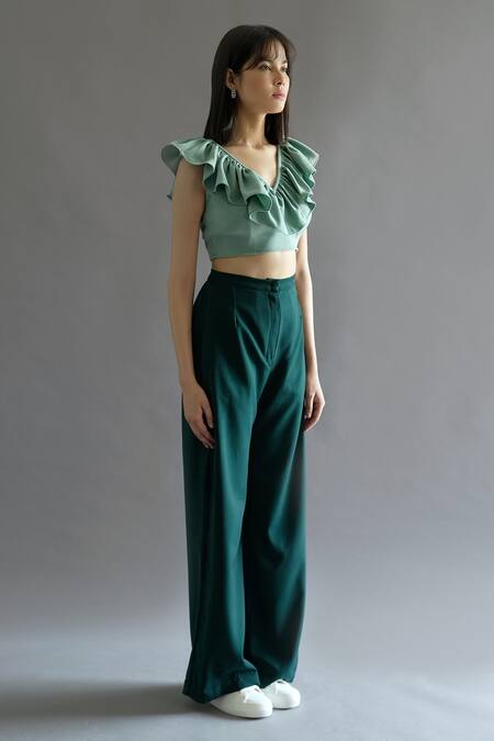 Kritika Madan Label Green Turkey Crepe Plain V Neck Ruffle Crop Top And Pant Set Online at Aza Fashions Kritika Madan Label_Green Turkey Crepe Plain V Neck Ruffle Crop Top And Pant Set_Online_at_Aza_Fashions
