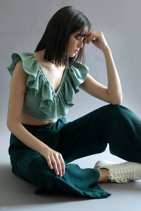 Shop Kritika Madan Label Green Turkey Crepe Plain V Neck Ruffle Crop Top And Pant Set Online at Aza Fashions Shop_Kritika Madan Label_Green Turkey Crepe Plain V Neck Ruffle Crop Top And Pant Set_Online_at_Aza_Fashions