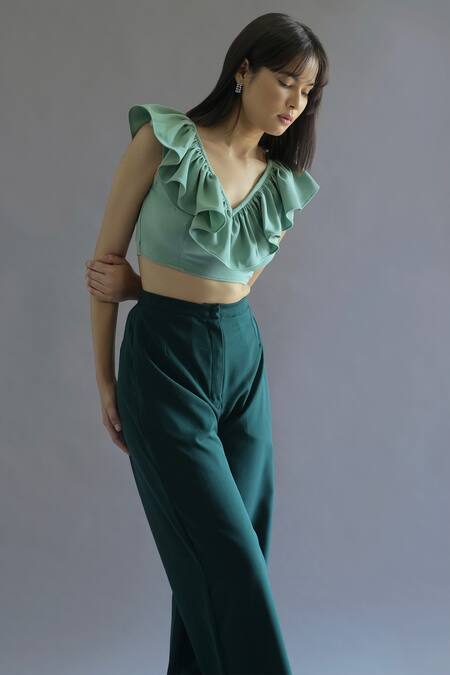Kritika Madan Label Green Turkey Crepe Plain V Neck Ruffle Crop Top And Pant Set at Aza Fashions Kritika Madan Label_Green Turkey Crepe Plain V Neck Ruffle Crop Top And Pant Set_at_Aza_Fashions