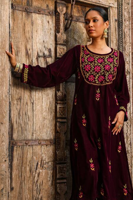 Buy House Of Chikankari Purple Velvet Hand Embroidery Chikankari Floral Kurta And Pant Set Online at Aza Fashions Buy_House Of Chikankari_Purple Velvet Hand Embroidery Chikankari Floral Kurta And Pant Set _Online_at_Aza_Fashions