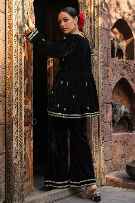 Shop_House Of Chikankari_Black Velvet Hand Embroidery Floral Work A-line Kurta And Pant Set _Online_at_Aza_Fashions
