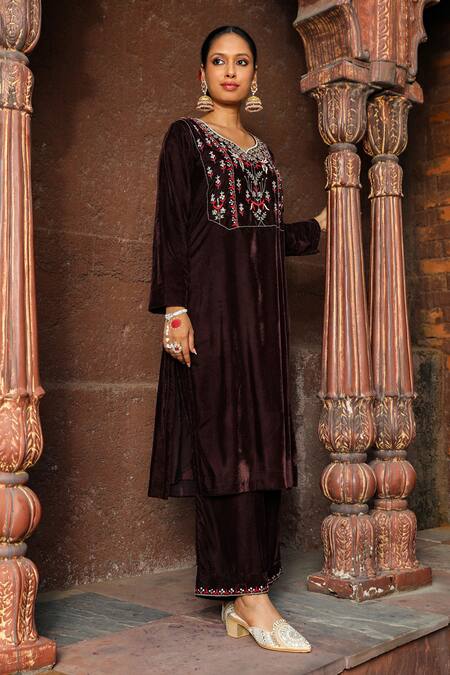 House Of Chikankari_Brown Velvet Embroidery Asymmetric Floral Yoke Kurta And Pant Set_Online_at_Aza_Fashions