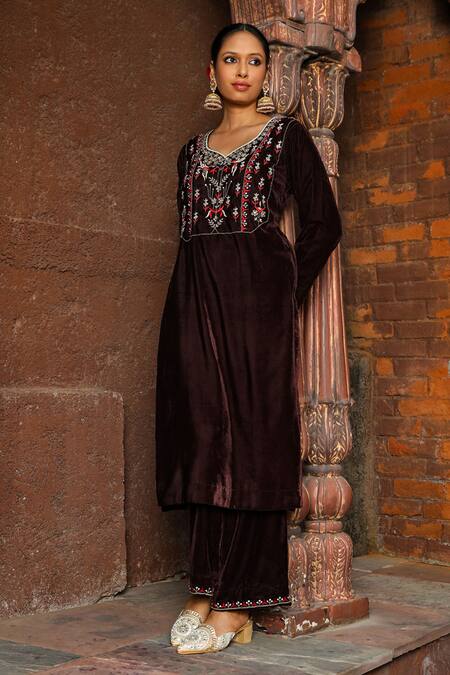 Shop_House Of Chikankari_Brown Velvet Embroidery Asymmetric Floral Yoke Kurta And Pant Set_Online_at_Aza_Fashions