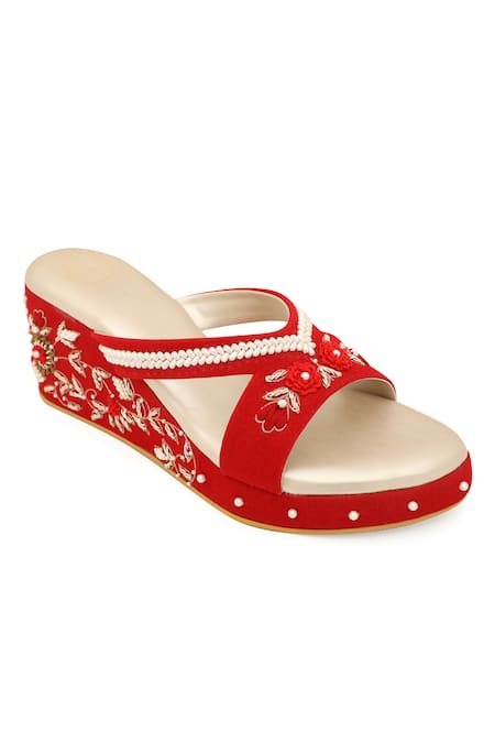 NR By Nidhi Rathi_Red Embellished Cut Work Strap Wedges _Online_at_Aza_Fashions