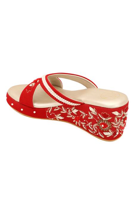 Shop_NR By Nidhi Rathi_Red Embellished Cut Work Strap Wedges _Online_at_Aza_Fashions