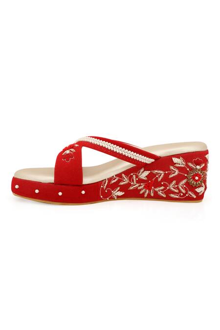 NR By Nidhi Rathi_Red Embellished Cut Work Strap Wedges _at_Aza_Fashions