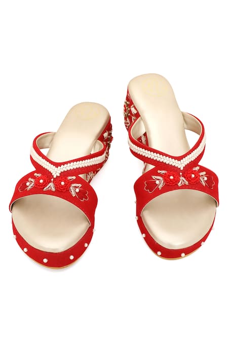 Buy_NR By Nidhi Rathi_Red Embellished Cut Work Strap Wedges 