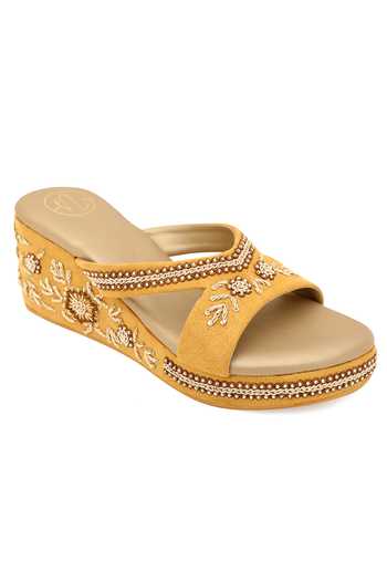 NR By Nidhi Rathi_Yellow Embellished Floral Suede Wedges_Online_at_Aza_Fashions