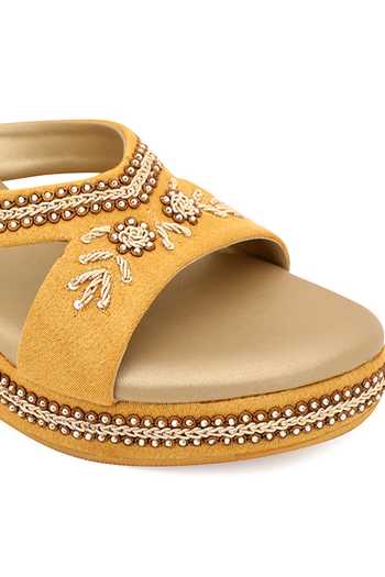 Buy_NR By Nidhi Rathi_Yellow Embellished Floral Suede Wedges_Online_at_Aza_Fashions