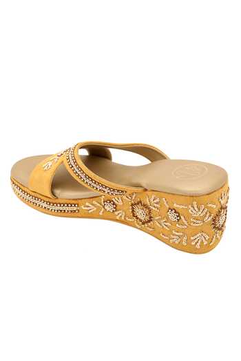 Shop_NR By Nidhi Rathi_Yellow Embellished Floral Suede Wedges_Online_at_Aza_Fashions
