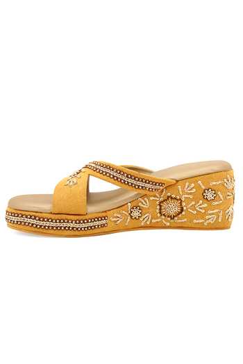 NR By Nidhi Rathi_Yellow Embellished Floral Suede Wedges_at_Aza_Fashions