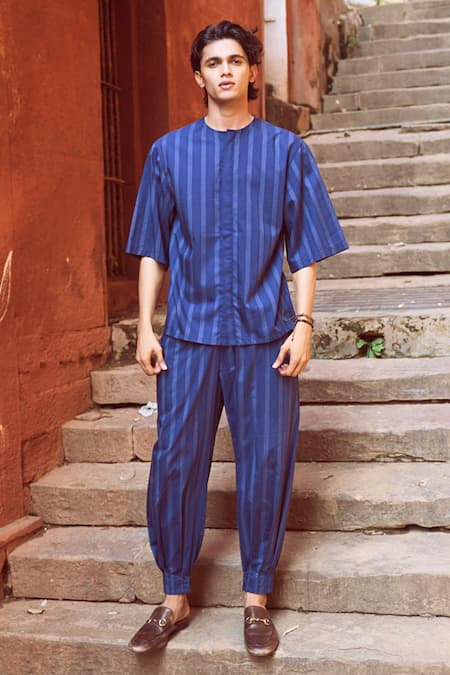 Dash And Dot Blue Cotton Pinstriped Shirt And Pant Set