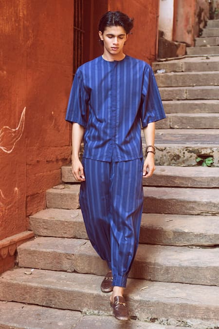 Dash And Dot_Blue Cotton Pinstriped Pant_Online_at_Aza_Fashions