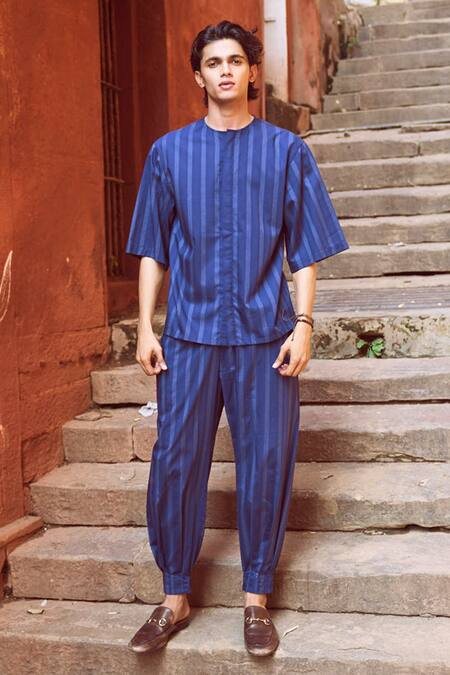 Shop_Dash And Dot_Blue Cotton Pinstriped Pant_Online_at_Aza_Fashions