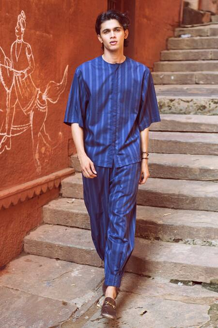 Dash And Dot_Blue Cotton Pinstriped Pant_at_Aza_Fashions