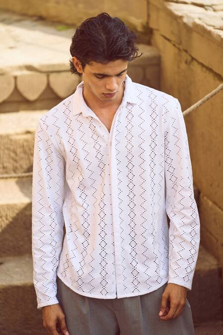 Shop Dash And Dot White Cotton Geometric Pattern Shirt Online at Aza Fashions Shop_Dash And Dot_White Cotton Geometric Pattern Shirt _Online_at_Aza_Fashions