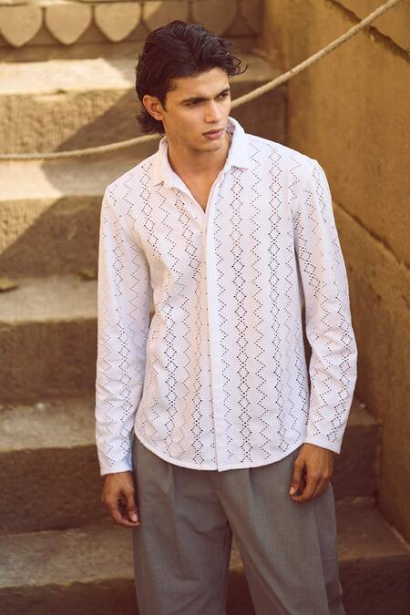 Dash And Dot White Cotton Geometric Pattern Shirt at Aza Fashions Dash And Dot_White Cotton Geometric Pattern Shirt _at_Aza_Fashions